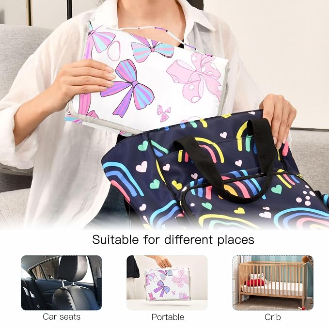 Pretty Pink Bows Portable Diaper Changing Pad for Baby, Waterproof & Foldable Changing Mat, Soft & Comfortable with Wipes Pocket, Baby Essentials