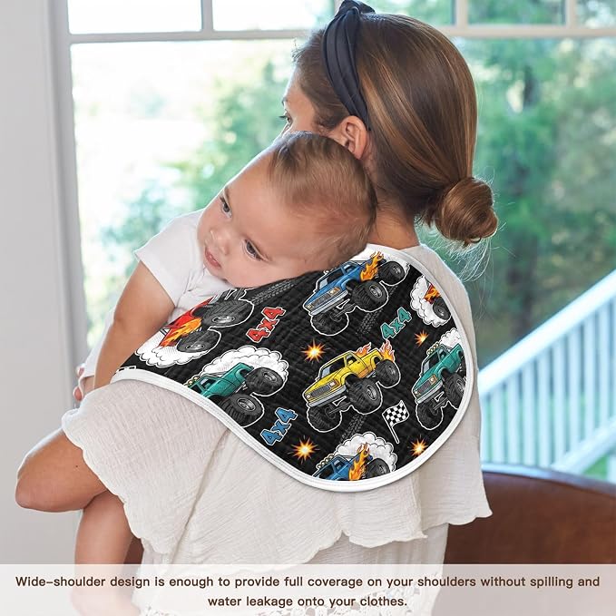 2 Pack Muslin Burp Cloths Monster Truck Black Print Cotton Baby Burp Cloths Absorbent Soft Burping Cloth Washcloths for Newborn Babies 22x11 Inch