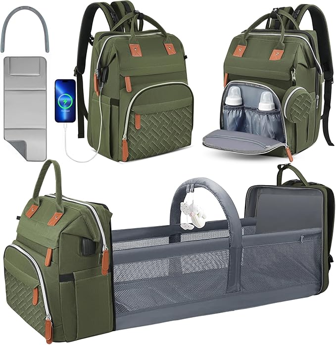 Diaper Bag Backpack for New Parents, Large Capacity Baby Travel Bag with Bottle Holders, Multiple Compartments (Green)