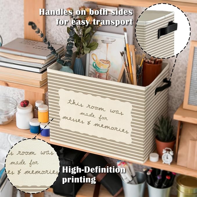 Funny Kids Playroom Storage Bins Box with Handles, This Room Was Made for Messes and Memories Striped Collapsible Basket Organizer for Kids Room Bedroom Playroom Bathroom Toys Books Clothes