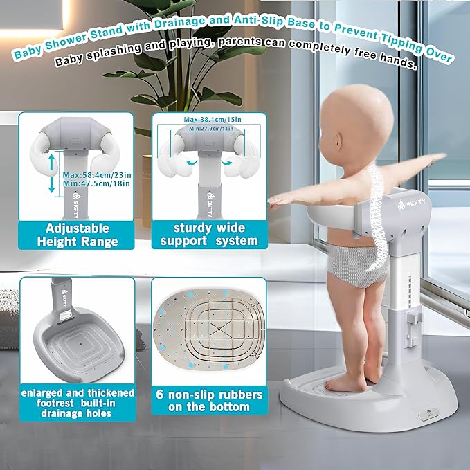 Baby Shower Stand with Anti-Slip Base & Anti-Pinch Silicone, Adjustable Foldable Baby Bath Support for Toddlers 6-36 Months, Portable Standing Helper with Shower Holder | Soporte para Bañera de Bebé