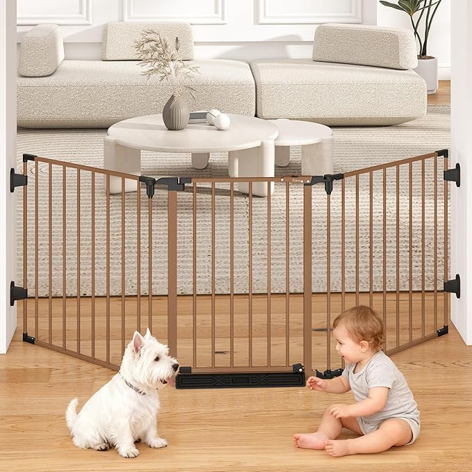 78" Extra Wide Baby Gate, Dog Gates Indoor for Doorways Stairs, Essential Safety Gate for Child, Hardware Mounted Adjustable Pet Gate with Anti-Trip Pedal, 28'' Tall 3 Metal Panels Brown