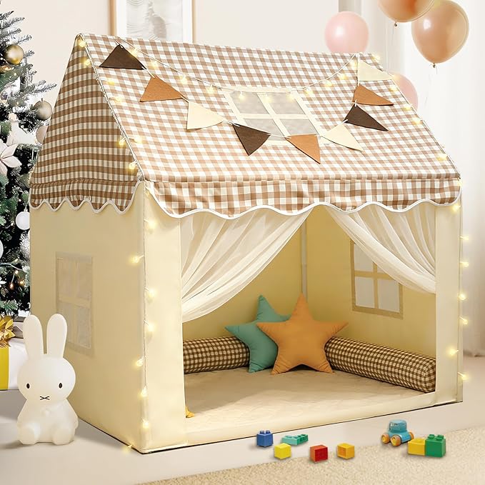 RONGFA Playhouse for Indoor & Outdoor, with Star Light, Flags and Carry Bag, Washable Kids Tent for Girls & Boys (Lattice Top)