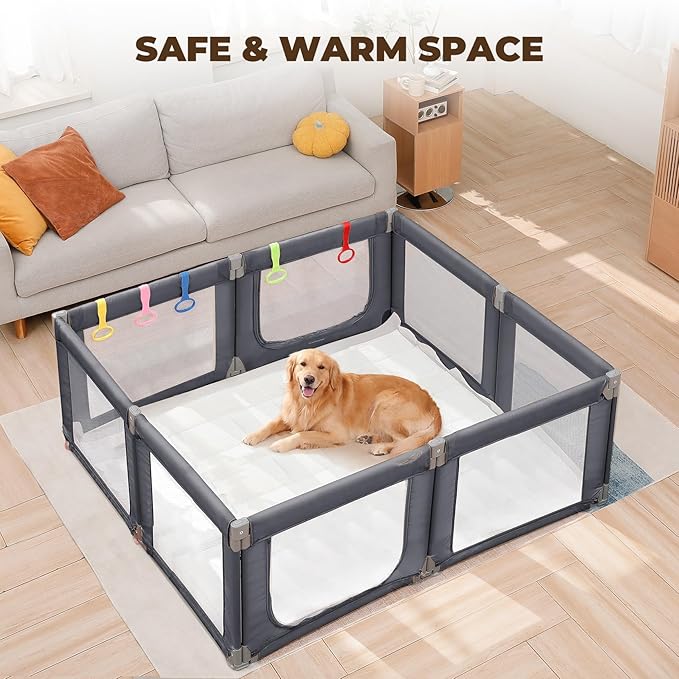 Dripex Portable Folding Playpen, 71"×69" Extra Large Baby Playpen, Indoor/Outdoor Safety Gate ??Collapsible Play Pen with Dual Gates & Breathable Mesh, Grey