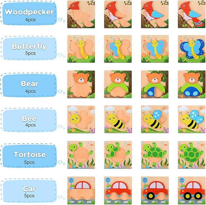 Magifire Wooden Puzzles, Set of 6 Puzzle Toys for Kids Toddlers 1–3, Baby Educational Animal Toys with Chunky Pieces & Bag - Butterfly, Bee, Woodpecker, Bear, Car, Turtle