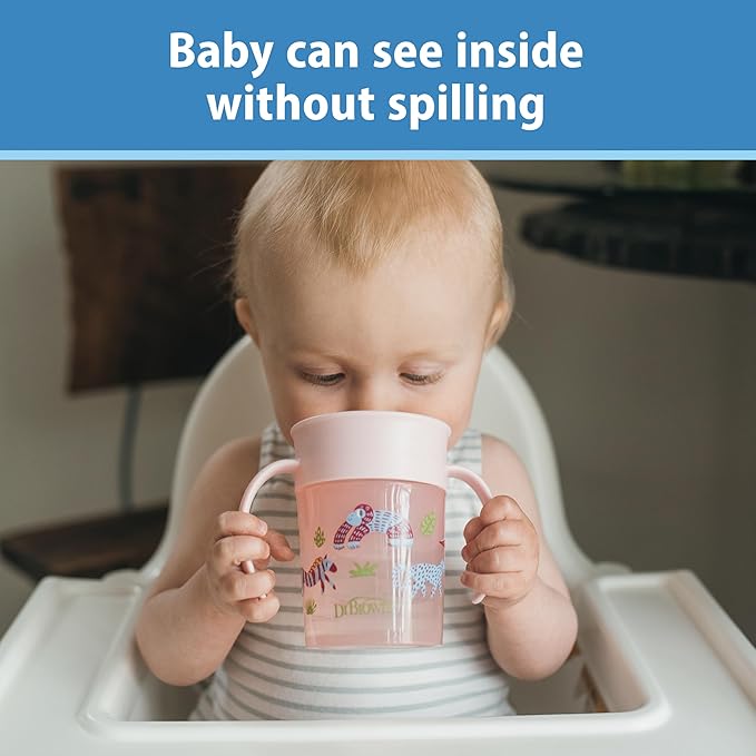 Dr. Brown's Milestones Cheers 360 Spoutless Transition Cup with Handles, Travel Friendly and Leak Free Sippy for Babies and Toddlers, Pink Animals, BPA-Free, 7 oz/200 mL, 6m+, 1-Pack