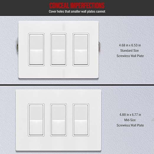 ENERLITES Screwless Decorator Wall Plates Child Safe Outlet Covers, Gloss Finish, Medium Size 3-Gang 4.88" H x 6.77" L, Unbreakable Polycarbonate Thermoplastic, SI8833M-W, White