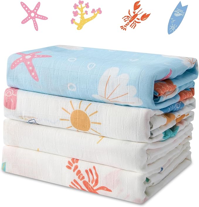 Muslin Swaddle Blankets for Newborn, 4 Pack Large 47"x47" Soft Breathable Bamboo Cotton Baby Blanket, Lightweight Receiving Blanket for Boys and Girls, Ocean Adventure