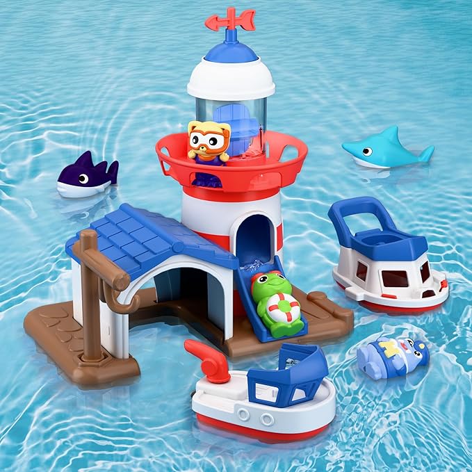iPlay, iLearn Bath Toys for Toddlers 2-4, Kids Lighthouse Bathtub Shower Toy Set, Wind up Swimming Boat, Baby Bathtime Floating Fish Water Play, Fun Birthday Gifts for 18 Month 3 5 6 Year Old Boy Girl