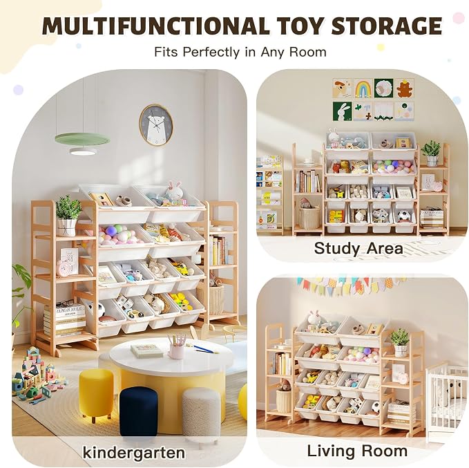 Wooden Toy Storage Organizer with 6 Shelves and 12 Bins, Toy Organizer Storage Kids Bookshelf, Toy Shelf for Playroom, Nursery, and Bedroom