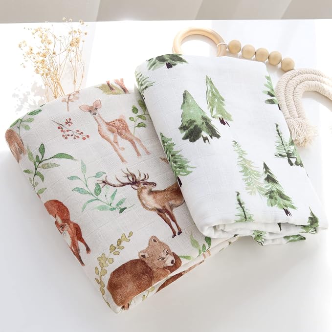LifeTree Muslin Swaddle Blankets Neutral and Baby Burp Cloths for Newborn Girls Boys, 70% Viscose from Bamboo and 30% Cotton, Woodland Animals & Pine Tree