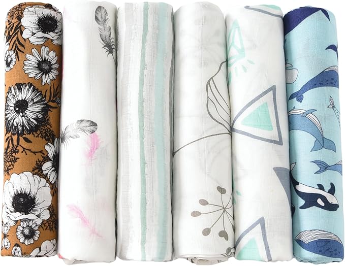 TADO MUSLIN Baby Swaddle Blanket, 6-Pack 47x47 70% Rayon from Bamboo 30% Cotton 2-Layer Muslin Blankets, Large Soft Breathable Receiving Blankets for Newborn Boys Girls, Machine Washable