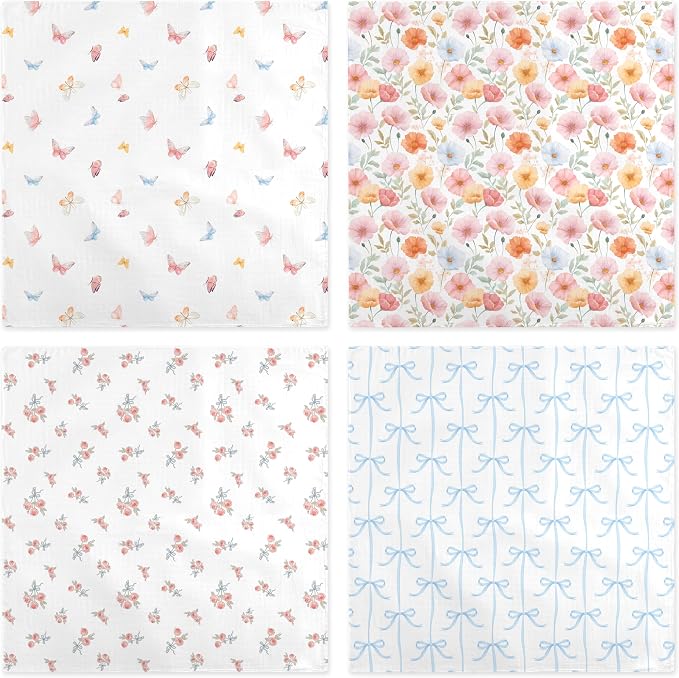 4-Pack Muslin Swaddle Blankets 47x47-100% Cotton Breathable Receiving Blankets for Newborn Baby, Soft Swaddling Wraps, Blossom Bow Garden