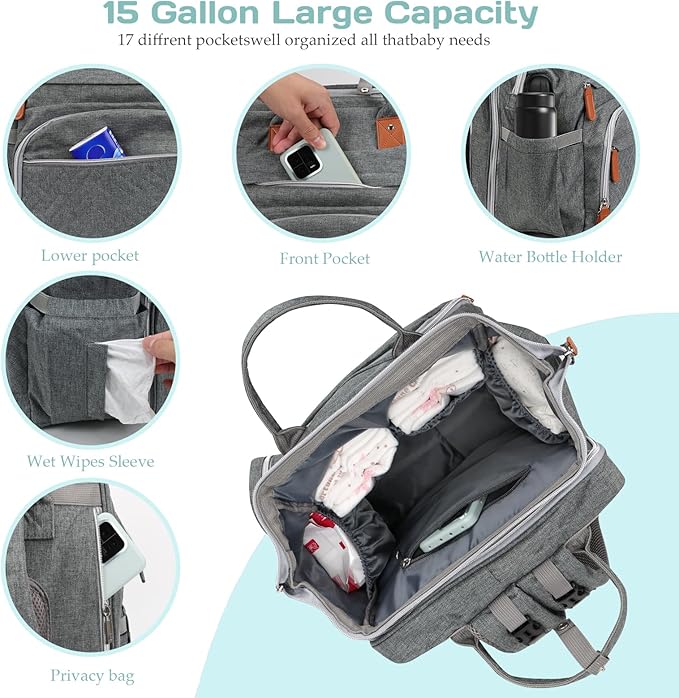 Diaper Bag Backpack for New Parents, Large Capacity Baby Travel Bag with Bottle Holders, Multiple Compartments (Grey)