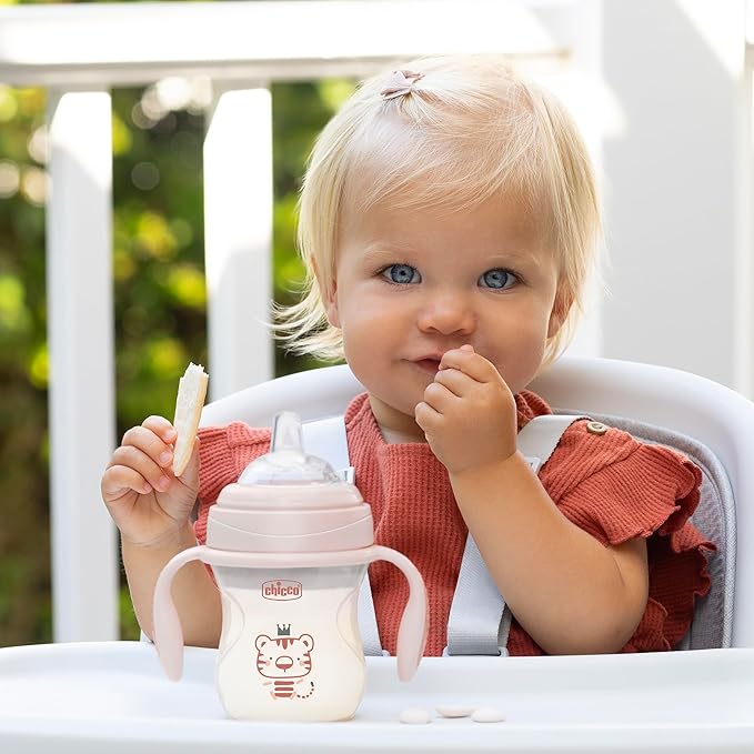 Chicco Transition Sippy Cup for Babies 4+ Months, 7oz Training Cup with Soft Silicone Spout, Easy Grip Removable Handles, Measurement Markings, BPA Free, Blush