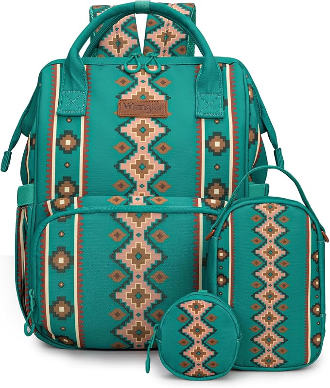 Montana West Wrangler Callie Diaper Bag Backpack with Pacifier Case, Crossbody Bottle Bag and Stroller Straps Western Pattern Multifunction Baby Travel Bag Set WG2215-9110TQ