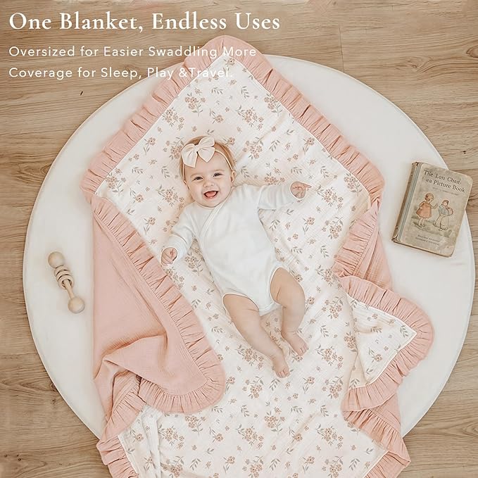 Konssy Flounce Muslin Baby Blanket for Girls Boys 47 x 47 Inches, 100% Cotton Soft Crib Swaddle Blankets, Reversible & Breathable Nursery Bedding for Newborns Toddlers (Blossom)