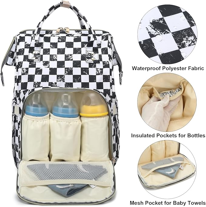 Marble Checkered Baby Diaper Bag Backpack for Women, Large Capacity Waterproof Maternity Travel Nappy Backpacks with Stroller Straps