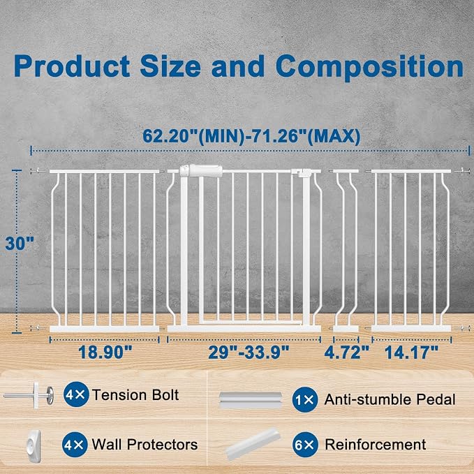 ALLAIBB Extra Wide Pressure Mounted Baby Gate Walk Through Child Kids Safety Toddler Tension White Long Large Pet Dog Gates with Extension for doorways Kitchen (62.20-71.26"/158-181cm, White)