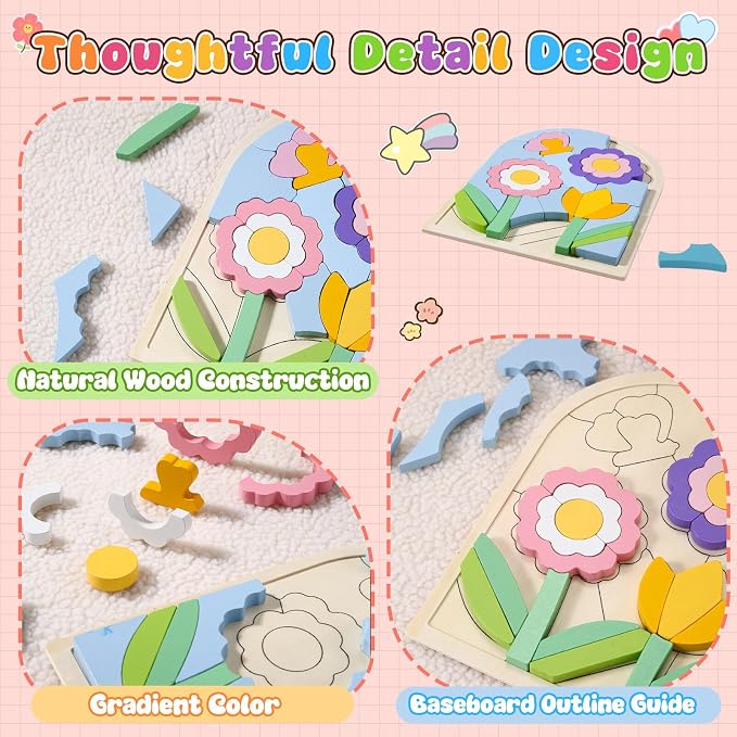 Montessori Wooden Shape Puzzles - Color Matching & Cognition Fun for Kids Over 3 Years Old, with Rainbow Blocks & Themes, Fine Motor Skill Building Toys & Gifts (Flower)