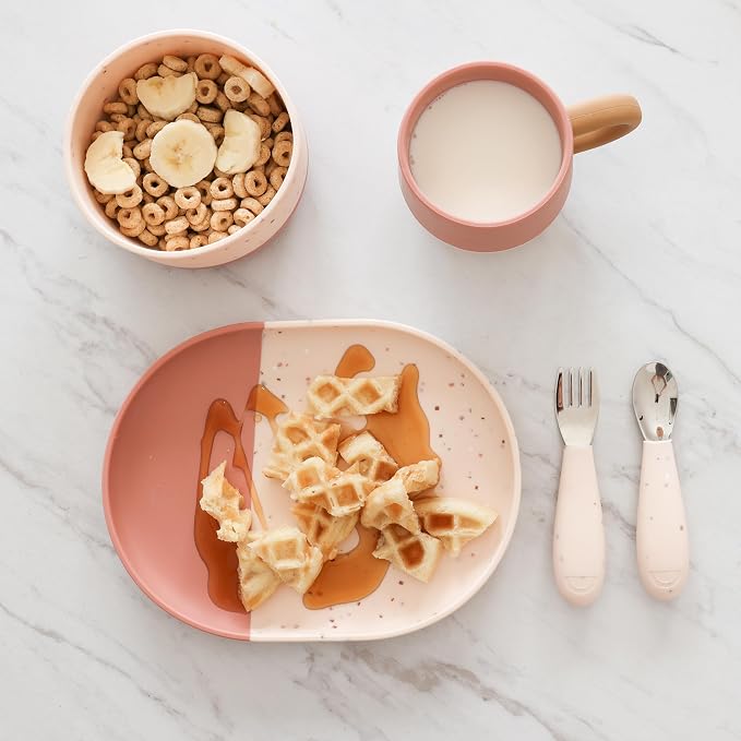 Yeah Baby Goods Silicone Kids Bowl - Food Grade, Duo-Toned Modern Terrazzo Bowl for Baby - Sturdy, Dishwasher & Microwave Safe Bowls - Non Suction Bowls for Kids of All Ages (Terracotta/Blush Speckle)