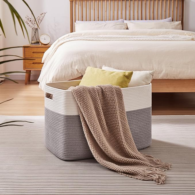 OIAHOMY 108L Extra Large Blanket Basket, 25?�x16?�x16??Laundry Basket, Blanket Storage for Living Room, Dog Toy Storage with Handle - Grey & White