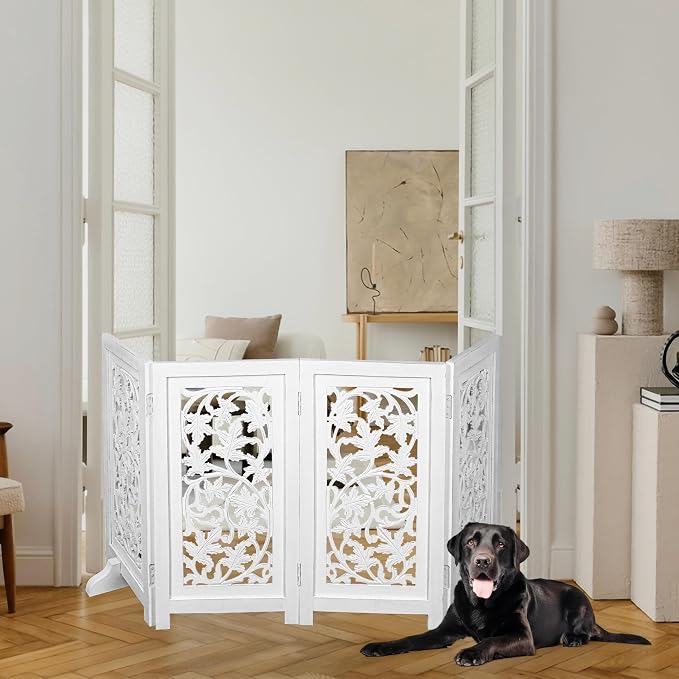Dog Gate for Indoor Use, 4 Panel Free Standing Foldable Wooden Pet Barrier, 56x28 Inch Decorative Lucy Design Dog Fence for Doorway, Stairs, or Hallway, White Antique