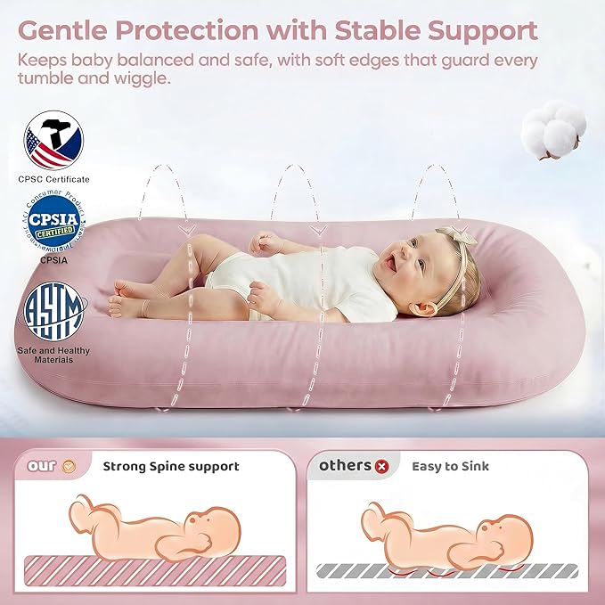 Infant Support Cushion - Baby Support Cushion for Newborn, 0-24 Months, Breathable Cotton Tummy Time Mat, Supervised Use, Portable Newborn Essentials for Home and Travel, Dustypink (Cover Included)