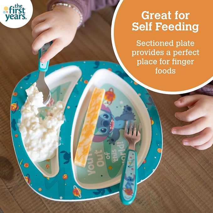 The First Years Disney Stitch Toddler Dinnerware Set - Officially Licensed 4-Piece Feeding Set with Bowl, Plate, Fork, and Spoon - Dishwasher Safe Toddler Feeding Supplies - Ages 9 Months and Up
