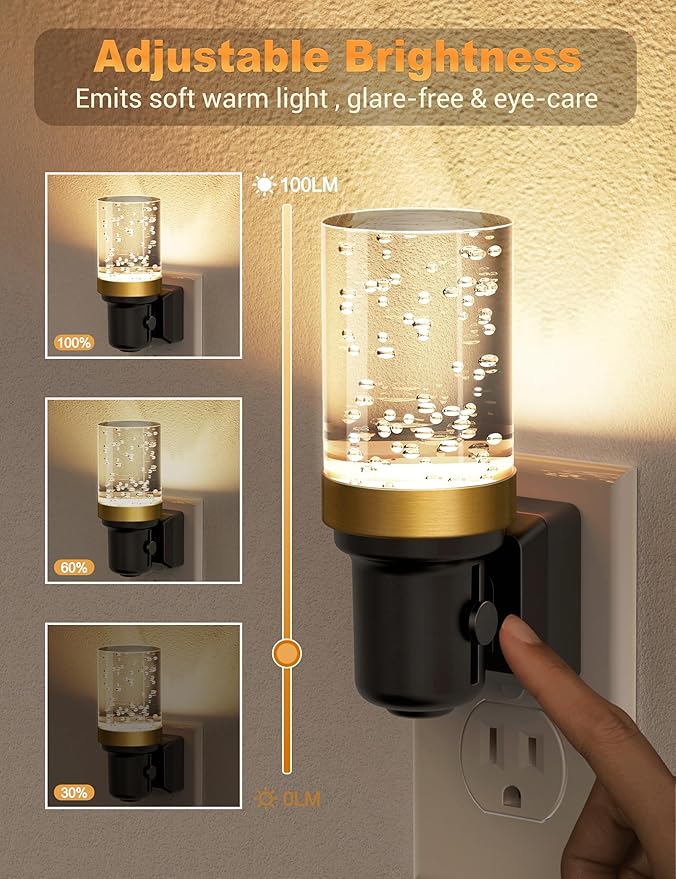 JandCase Night Light, Dimmable Night Lights Plug into Wall, Auto On/Off Light Sensor Nightlight, 3000K Warm White 0-100LM Brightness LED Nightlight, for Bathroom Hallway Bedroom Kids Room