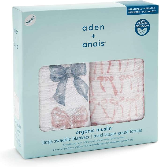 aden + anais 100% Organic Cotton Muslin Swaddles, Breathable Baby Blanket, Ideal for Boys, Girls, Newborns, Babies & Infants, Receiving Blanket, Soft and Lightweight Wrap, 2 Pack, Bow Atelier