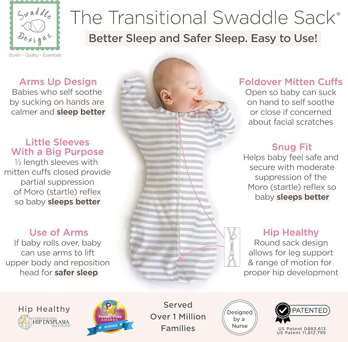 SwaddleDesigns Transitional Swaddle Sack, Arms Up Half-Length Sleeve Mitten Cuff, Most Gradual Transition Swaddle for Newborn