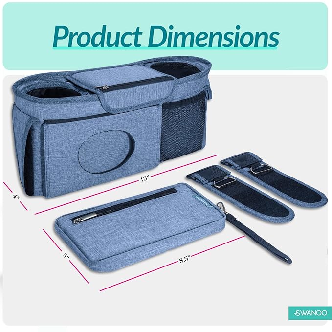 Swanoo Stroller Caddy Organizer With Cup Holder, Non-Slip Straps, Bag for Phone, Pet Accessories, Universal Fits Uppababby Vista v2 Wonderfold Wagon, Doona and More
