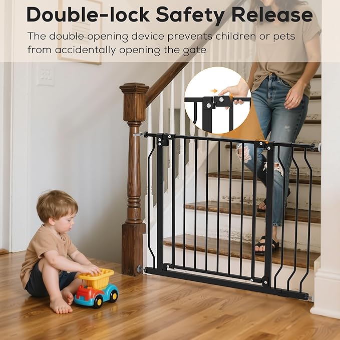 29-53" Baby Gate for Stairs, Baby Safety Essentials, Auto Close Gate for Doorways, Easy Install Pressure Mounted Dog Gate Indoor, Pet Gates for Dogs, Black
