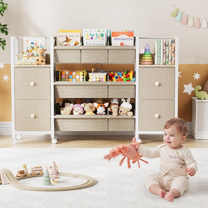 Kids Toy Organizers and Storage Bins - 7 Storage Bins + 4 Fabric Drawers + 2 Bookshelf, Playroom Storage, Mobile Cart Organizer for Toy, Clothes, Blankets and Books - Off White