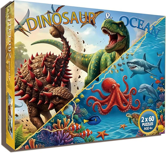 Puzzle for Kids Ages 4-6 – 2x60 Piece Jigsaw Puzzles for Toddlers 3-5,6-8,Dinosaur & Ocean Scenes,2 in 1 Pack Educational Dinosaur & Ocean Games for Boys & Girls