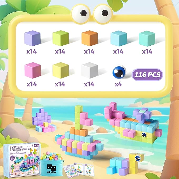 116PCS Magnetic Blocks with Magnet Eyes Toy, Magnetic Building Blocks with Storage Bag for Kids Gifts, STEM Preschool Sensory Magnetic Cubes for Toodlers Boys Girls Ages 3 4 5 6 7 8, Macaron Color