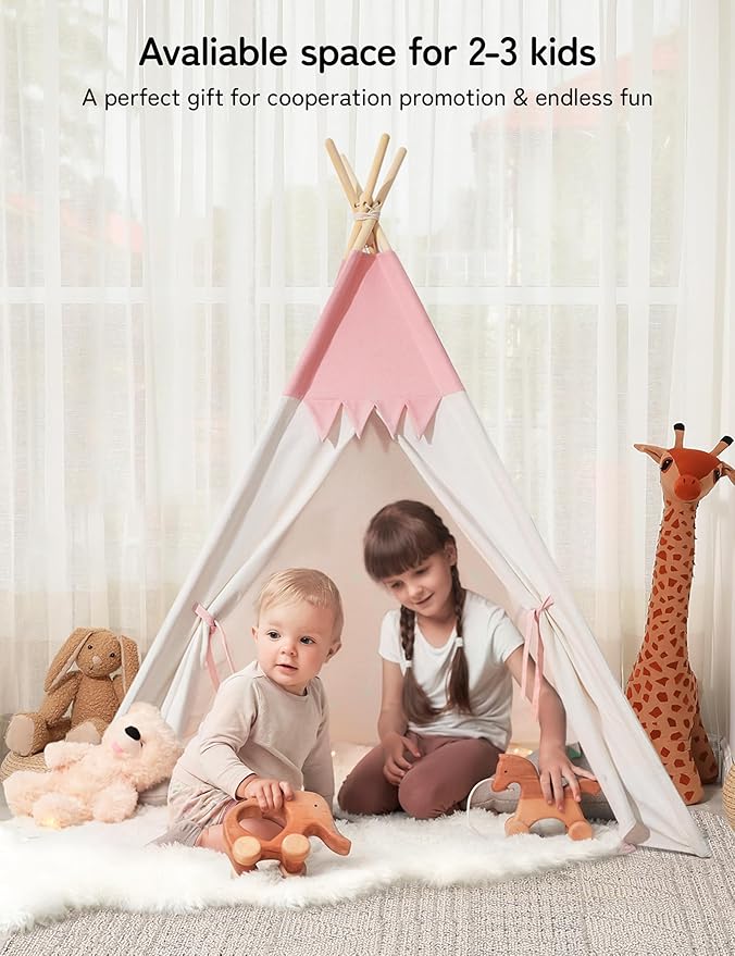 Teepee Tent for Kids Indoor,Kids Play Tent, Toddler Teepee Girls Boys, Baby Teepee, Children Room, Reading Tp,Canvas Playhouse with Lights and Mat (Peachy-Pink, Padded mat)