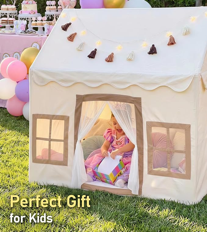 Little Dove Kids Play Tent with Mat, Star Lights, Tassel Garland, Toddler Playhouse with Windows Easy to Wash, Indoor and Outdoor Play Tents for Kids, Toys for Girls, Boys, Birthday Gift, Beige