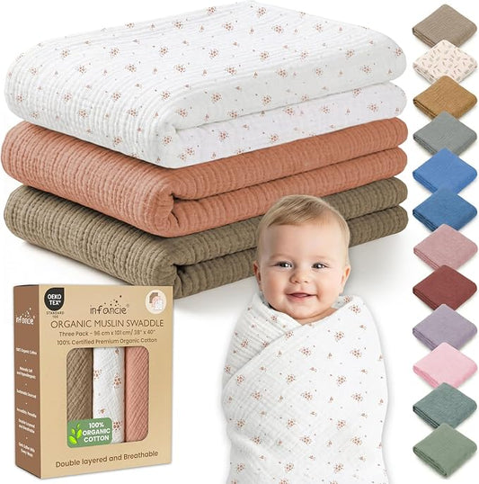 Organic Muslin Baby Blanket 3-Pack Olive, Cinnamon & Wildflower, 38x40 Inch 100% Organic Cotton Oeko-TEX Certified Ultra-Soft Swaddle Blankets for Newborn, Baby Girl Shower Gift Set
