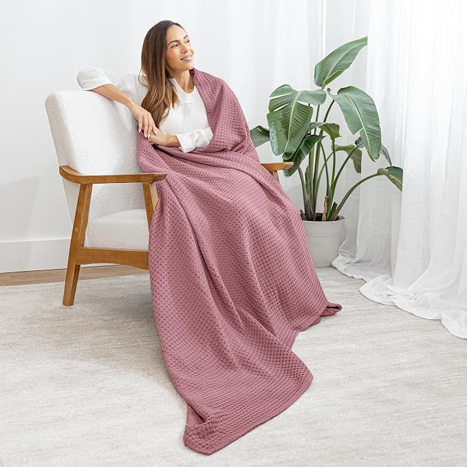 Comfy Cubs Waffle Blanket Queen, 90" x 90" - 100% Cotton Lightweight Breathable Bed Blanket - Soft Textured Thermal Weave for All Seasons – Decorative Cozy Layer for Couch, Sofa, or Bed - Mauve