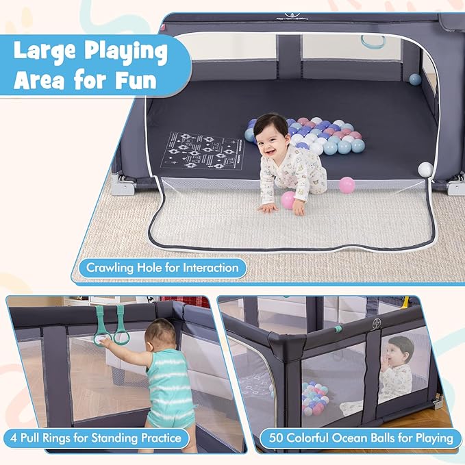 Costzon Foldable Playpen for Babies, 50''x50'' Portable Baby Play Pen with 50 PCS Ocean Balls, 4 Handles, Carry Bag, Visible Mesh, Kids Activity Center with Gates, Indoor & Outdoor Gate Play Pen