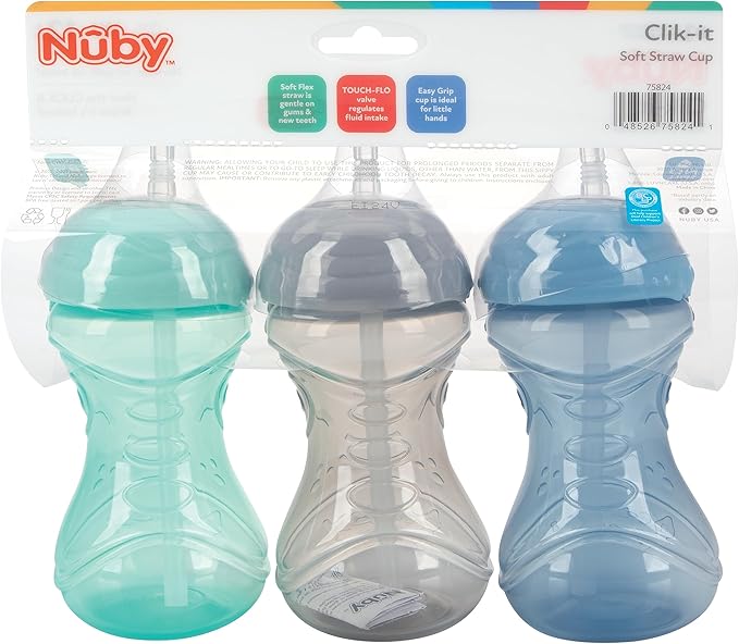 Nuby 3 Piece No-Spill Easy Grip Cup with Flex Straw, Clik It Lock Feature, Neutral, 10 Ounce