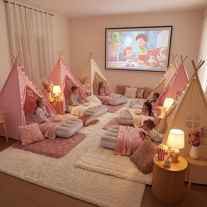 wilwolfer 2 Pack Teepee Tent for Kids with Inflatable Airbed, Indoor Play Tent Foldable for Boys Girls Party Sleepover Slumber Gifts Toy(Pink, White)