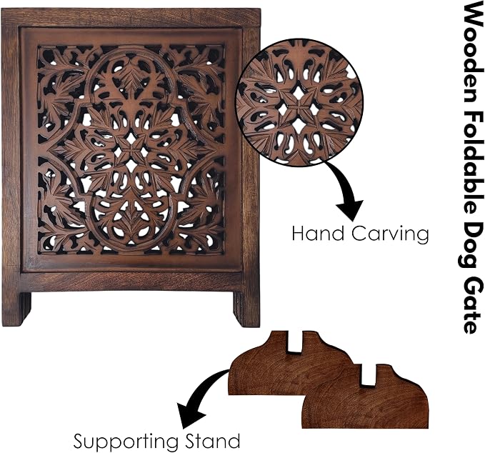 Free Standing Dog Gate – 3 Panel Foldable Wooden Pet Gate Indoor, 60" W x 24" H, Decorative Hand-Carved Wood & MDF Pet Fence for Doorways,Stairs, Portable Indoor Dog Barrier,Natural Burnt Daisy Design
