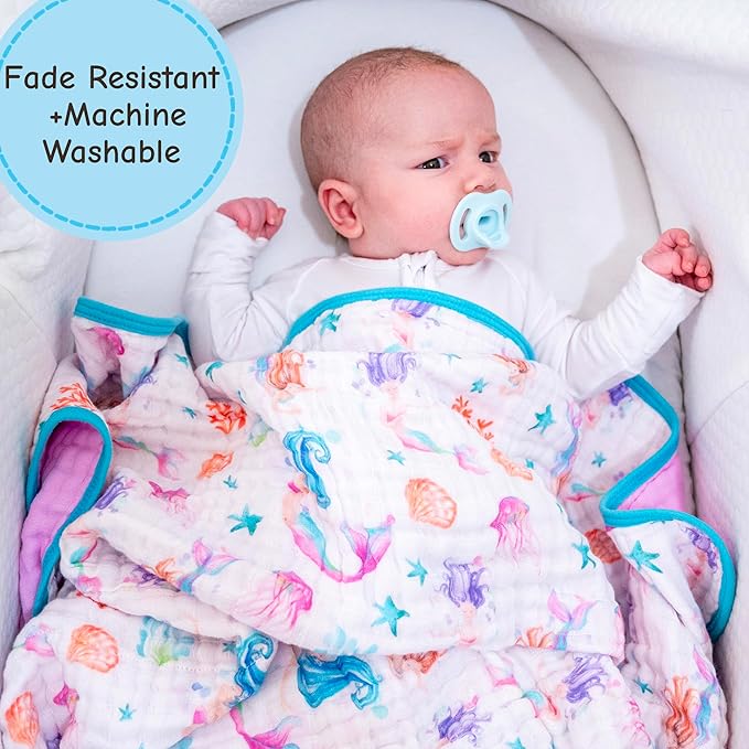 LollyBanks Muslin Baby Quilt, 6-Layer 100% Organic Cotton Baby Blanket for Girls, Soft and Breathable Toddler Quilt, Lightweight Infant Blanket for Crib or Stroller, Newborn Essentials (Mermaid Print)