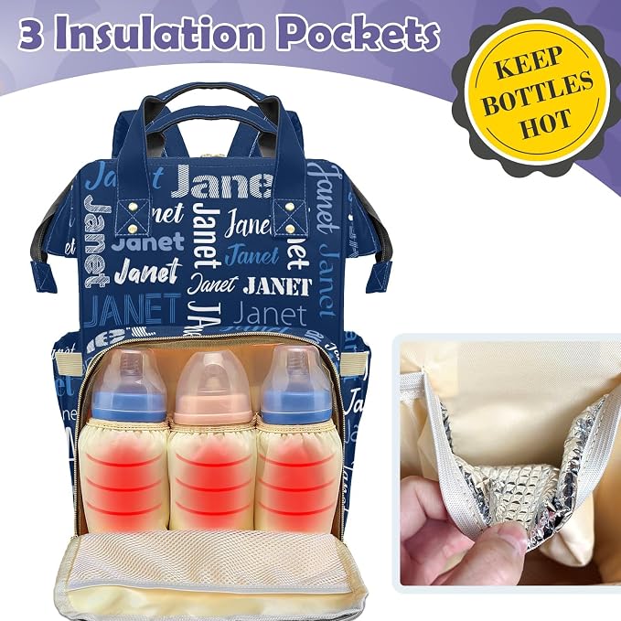 Custom Diaper Bag with Name Personalized Multifunctional Mommy Backpack for Daughter Granddaughter, Blue Daypack Bag for Travel