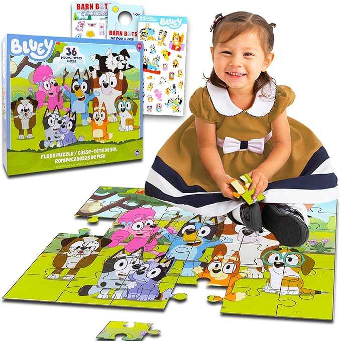 Bluey Floor Puzzle for Kids Set - Bundle with 36 Piece Floor Puzzle for Boys, Girls Plus Stickers, More | Bluey Puzzles for Kids Ages 3-5