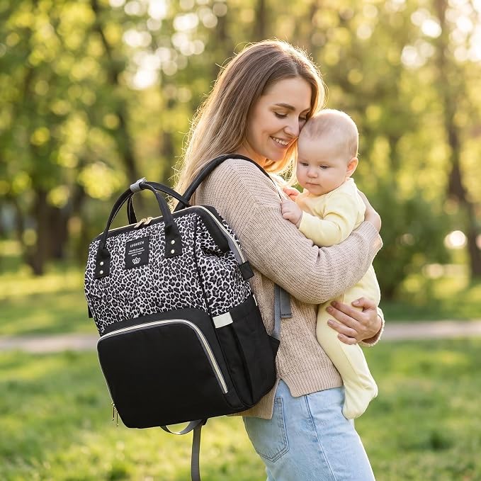 Leopard Print Diaper Bag Backpack Multi-Function Diaper Bag for Baby Care Waterproof Travel Baby Bag for Mom Brown