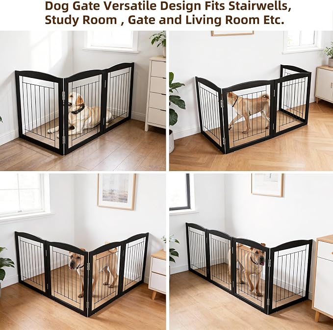 ZJSF Freestanding Foldable Dog Gate for House Extra Wide Wooden Black Puppy Gate Stairs Dog Gates Doorways Tall Pet Gate 3 Panels Pet Fence